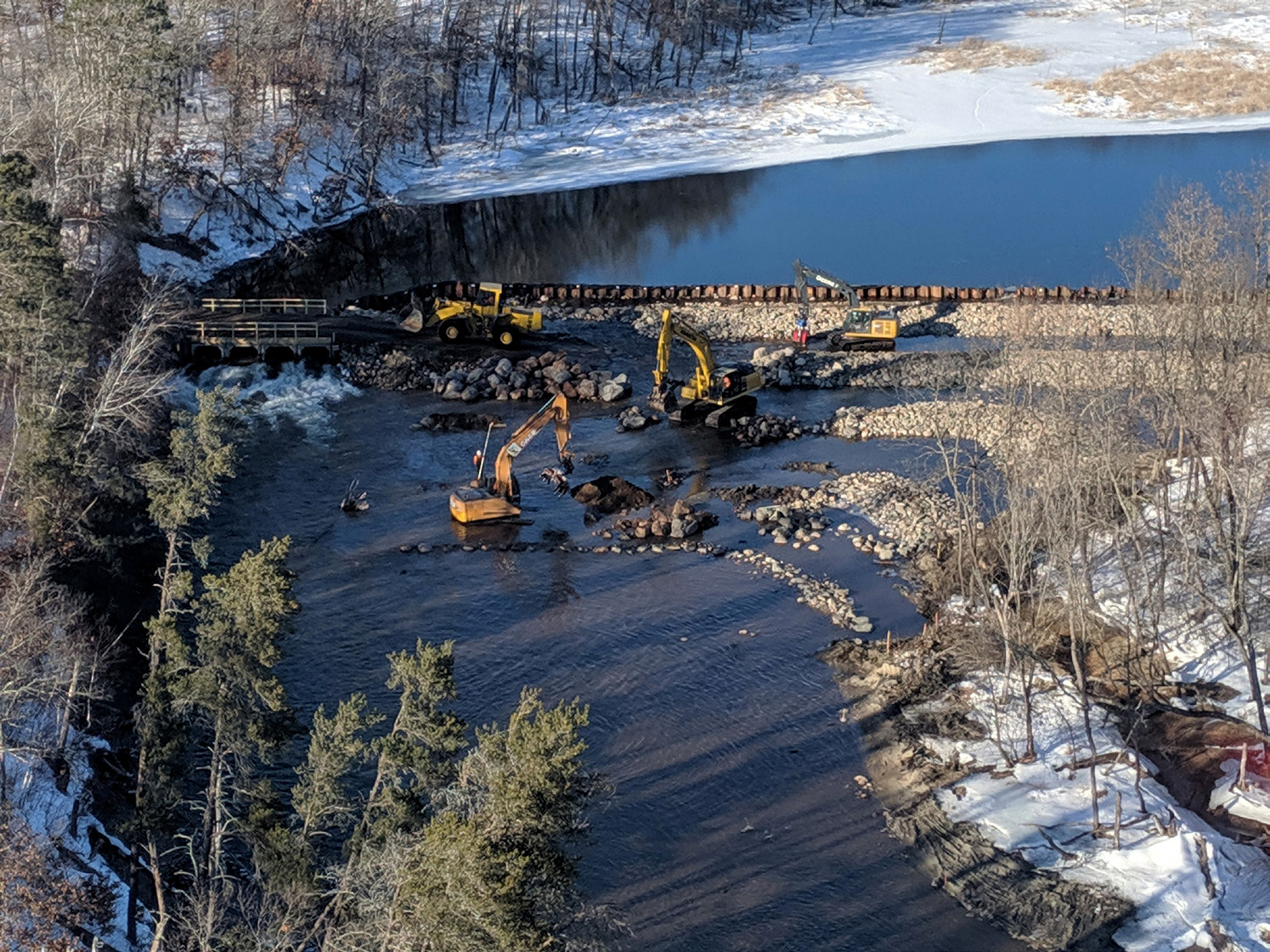 Aerial view of fish passage project in construction.